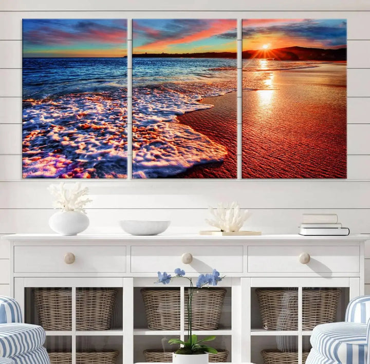 Hawaii Beach and Sunset Wall Art Canvas Print showcases a vibrant beach sunset in a triptych format. Crafted on museum-quality canvas with a UV-protective coating, this stunning piece is ready to hang and effortlessly transforms your space into an artful retreat.