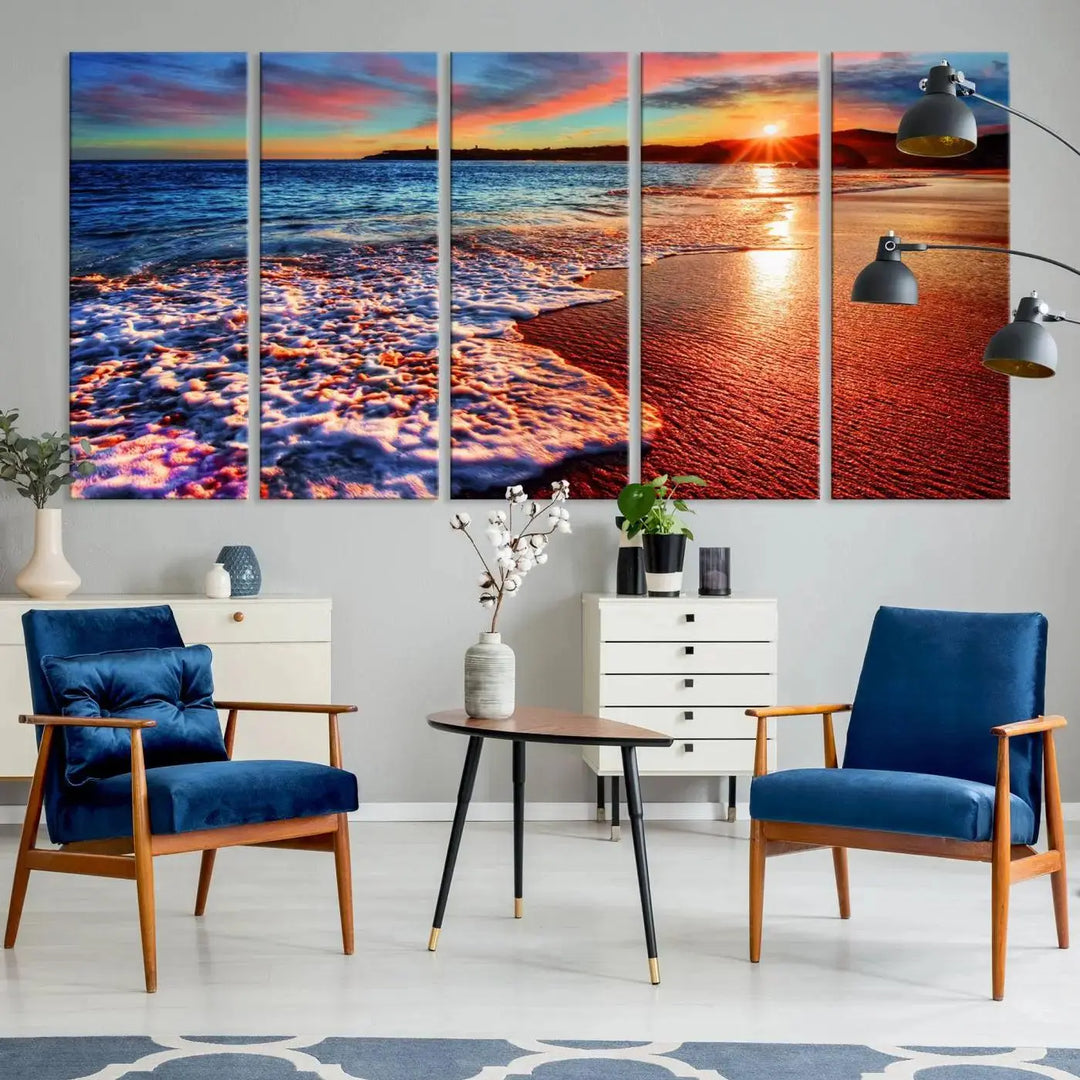 Hawaii Beach and Sunset Wall Art Canvas Print showcases a vibrant beach sunset in a triptych format. Crafted on museum-quality canvas with a UV-protective coating, this stunning piece is ready to hang and effortlessly transforms your space into an artful retreat.