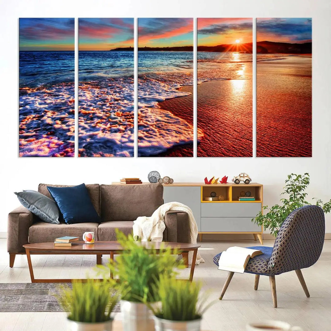 Hawaii Beach and Sunset Wall Art Canvas Print showcases a vibrant beach sunset in a triptych format. Crafted on museum-quality canvas with a UV-protective coating, this stunning piece is ready to hang and effortlessly transforms your space into an artful retreat.