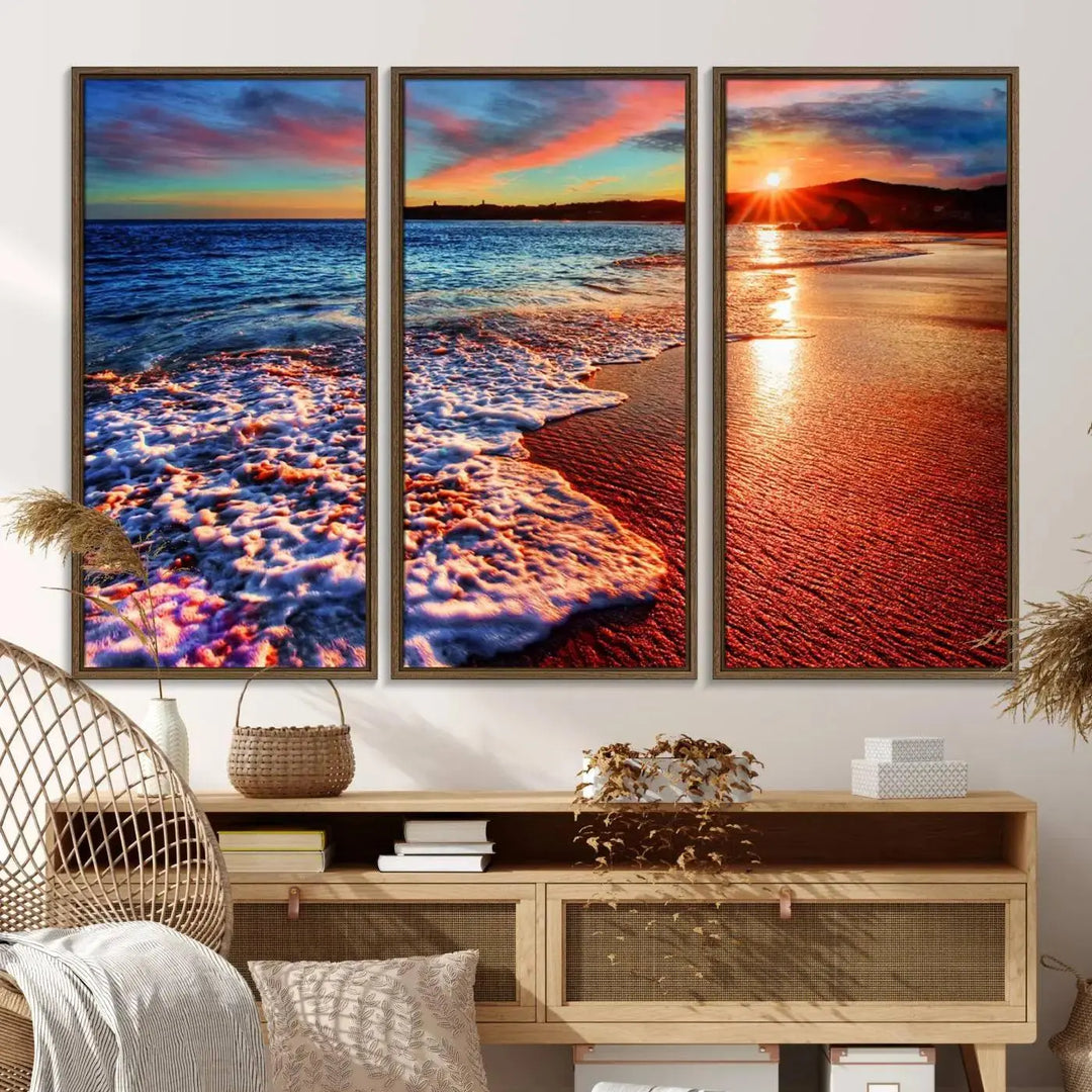 Hawaii Beach and Sunset Wall Art Canvas Print showcases a vibrant beach sunset in a triptych format. Crafted on museum-quality canvas with a UV-protective coating, this stunning piece is ready to hang and effortlessly transforms your space into an artful retreat.