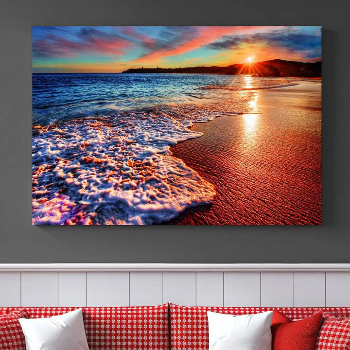 Hawaii Beach and Sunset Wall Art Canvas Print showcases a vibrant beach sunset in a triptych format. Crafted on museum-quality canvas with a UV-protective coating, this stunning piece is ready to hang and effortlessly transforms your space into an artful retreat.