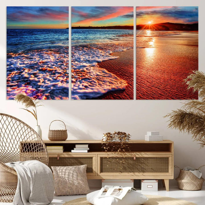 Hawaii Beach and Sunset Wall Art Canvas Print showcases a vibrant beach sunset in a triptych format. Crafted on museum-quality canvas with a UV-protective coating, this stunning piece is ready to hang and effortlessly transforms your space into an artful retreat.