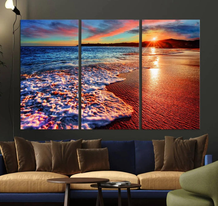 Hawaii Beach and Sunset Wall Art Canvas Print showcases a vibrant beach sunset in a triptych format. Crafted on museum-quality canvas with a UV-protective coating, this stunning piece is ready to hang and effortlessly transforms your space into an artful retreat.