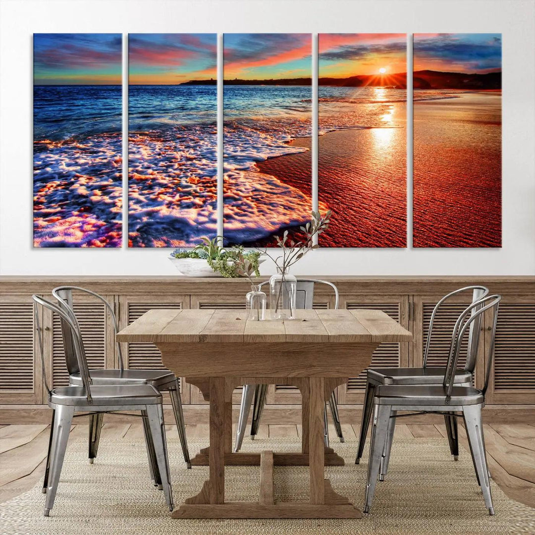 Hawaii Beach and Sunset Wall Art Canvas Print showcases a vibrant beach sunset in a triptych format. Crafted on museum-quality canvas with a UV-protective coating, this stunning piece is ready to hang and effortlessly transforms your space into an artful retreat.