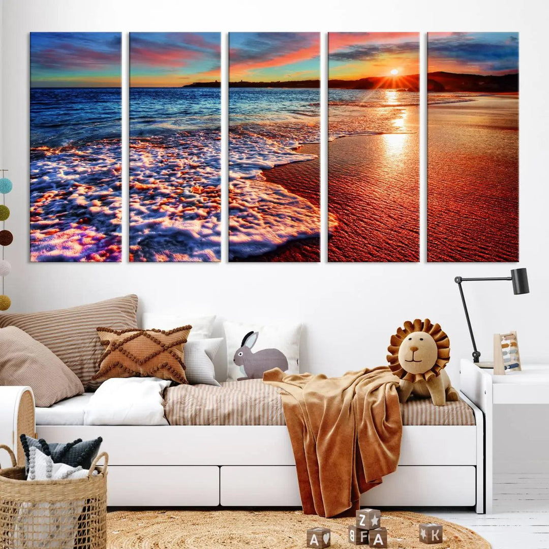 Hawaii Beach and Sunset Wall Art Canvas Print showcases a vibrant beach sunset in a triptych format. Crafted on museum-quality canvas with a UV-protective coating, this stunning piece is ready to hang and effortlessly transforms your space into an artful retreat.