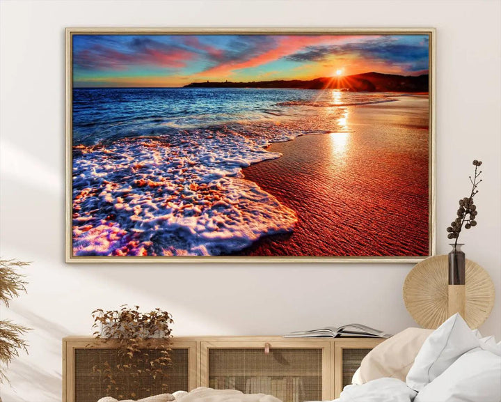 Hawaii Beach and Sunset Wall Art Canvas Print showcases a vibrant beach sunset in a triptych format. Crafted on museum-quality canvas with a UV-protective coating, this stunning piece is ready to hang and effortlessly transforms your space into an artful retreat.