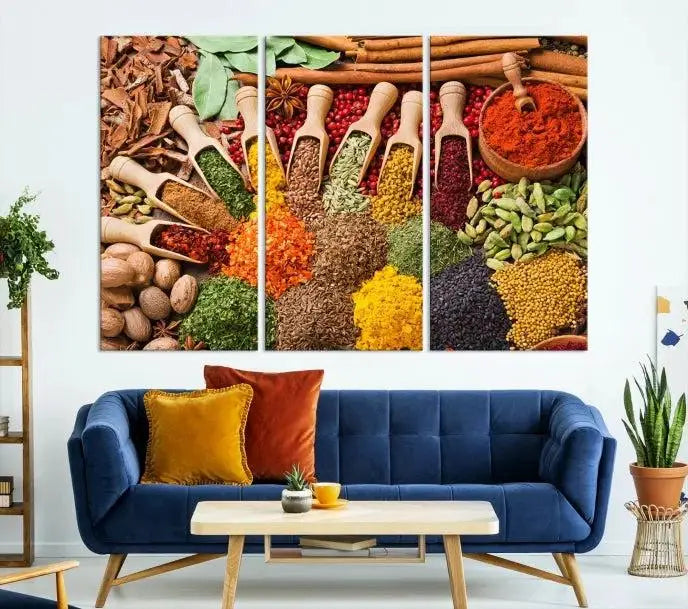 The living room is highlighted by the "Herbs and Spices Art Canvas Print for Kitchen," which brings vibrant kitchen decor flair to the space.