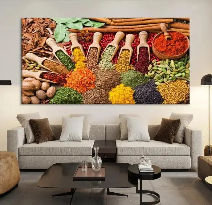 The living room is highlighted by the "Herbs and Spices Art Canvas Print for Kitchen," which brings vibrant kitchen decor flair to the space.