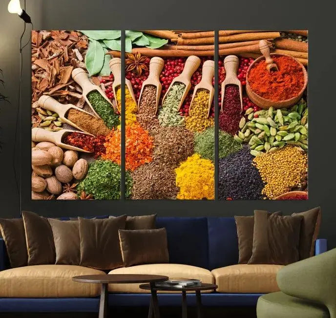 The living room is highlighted by the "Herbs and Spices Art Canvas Print for Kitchen," which brings vibrant kitchen decor flair to the space.