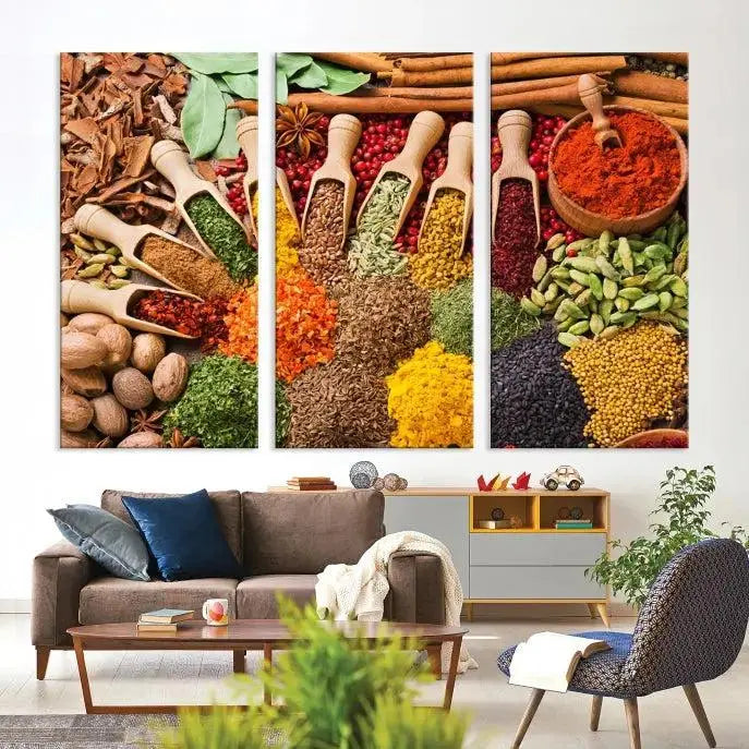 The living room is highlighted by the "Herbs and Spices Art Canvas Print for Kitchen," which brings vibrant kitchen decor flair to the space.