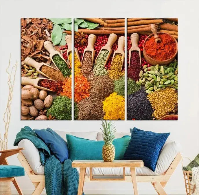 The living room is highlighted by the "Herbs and Spices Art Canvas Print for Kitchen," which brings vibrant kitchen decor flair to the space.