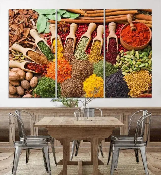 The living room is highlighted by the "Herbs and Spices Art Canvas Print for Kitchen," which brings vibrant kitchen decor flair to the space.