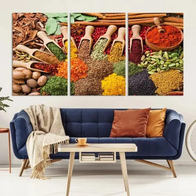 The living room is highlighted by the "Herbs and Spices Art Canvas Print for Kitchen," which brings vibrant kitchen decor flair to the space.