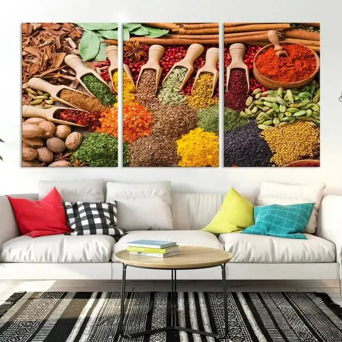 The living room is highlighted by the "Herbs and Spices Art Canvas Print for Kitchen," which brings vibrant kitchen decor flair to the space.