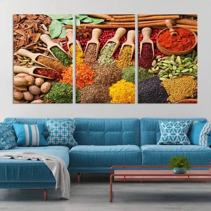 The living room is highlighted by the "Herbs and Spices Art Canvas Print for Kitchen," which brings vibrant kitchen decor flair to the space.