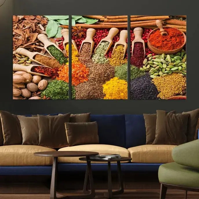 The living room is highlighted by the "Herbs and Spices Art Canvas Print for Kitchen," which brings vibrant kitchen decor flair to the space.