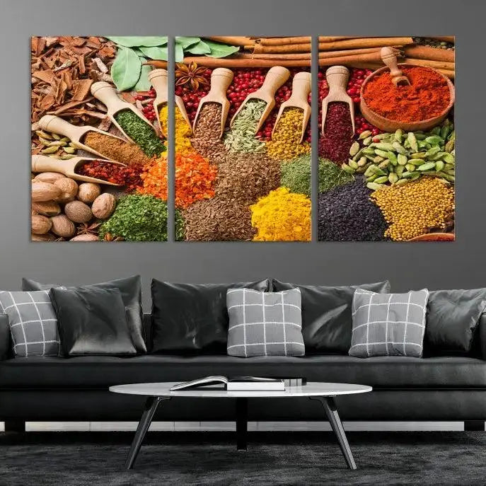 The living room is highlighted by the "Herbs and Spices Art Canvas Print for Kitchen," which brings vibrant kitchen decor flair to the space.