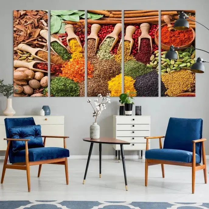 The living room is highlighted by the "Herbs and Spices Art Canvas Print for Kitchen," which brings vibrant kitchen decor flair to the space.