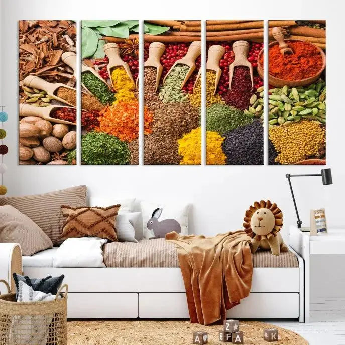 The living room is highlighted by the "Herbs and Spices Art Canvas Print for Kitchen," which brings vibrant kitchen decor flair to the space.