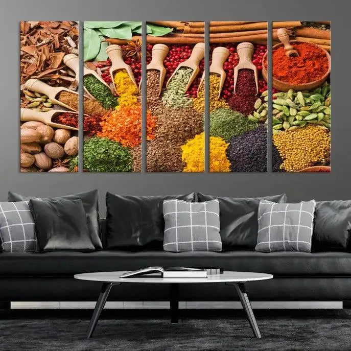 The living room is highlighted by the "Herbs and Spices Art Canvas Print for Kitchen," which brings vibrant kitchen decor flair to the space.