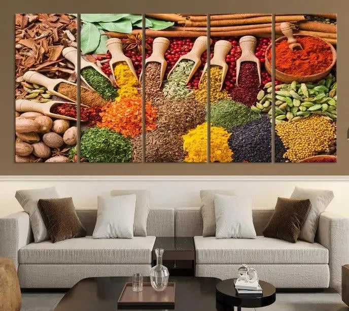 The living room is highlighted by the "Herbs and Spices Art Canvas Print for Kitchen," which brings vibrant kitchen decor flair to the space.