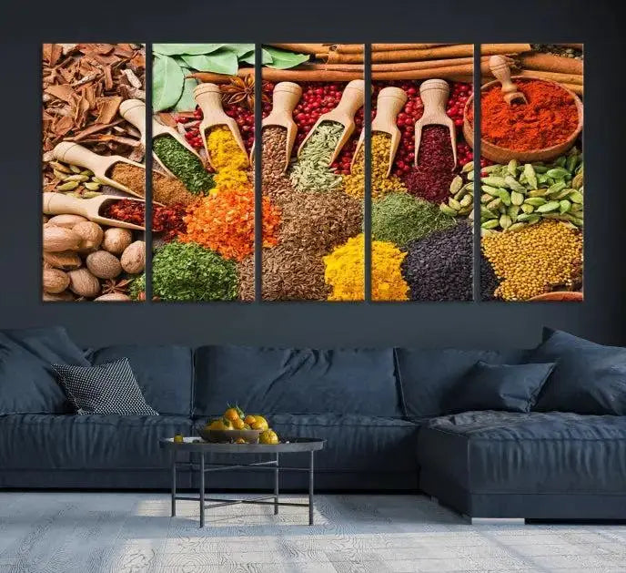 The living room is highlighted by the "Herbs and Spices Art Canvas Print for Kitchen," which brings vibrant kitchen decor flair to the space.