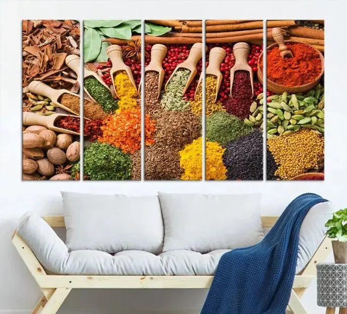 The living room is highlighted by the "Herbs and Spices Art Canvas Print for Kitchen," which brings vibrant kitchen decor flair to the space.