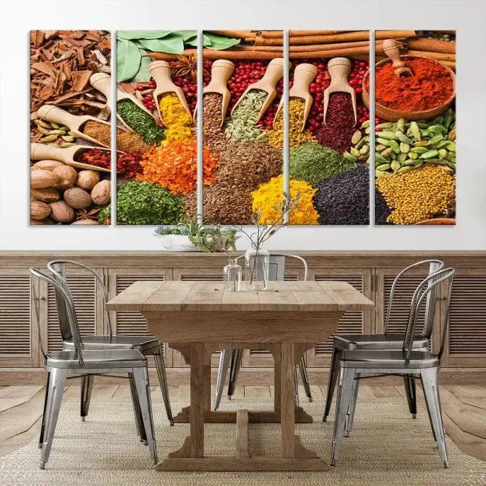 The living room is highlighted by the "Herbs and Spices Art Canvas Print for Kitchen," which brings vibrant kitchen decor flair to the space.