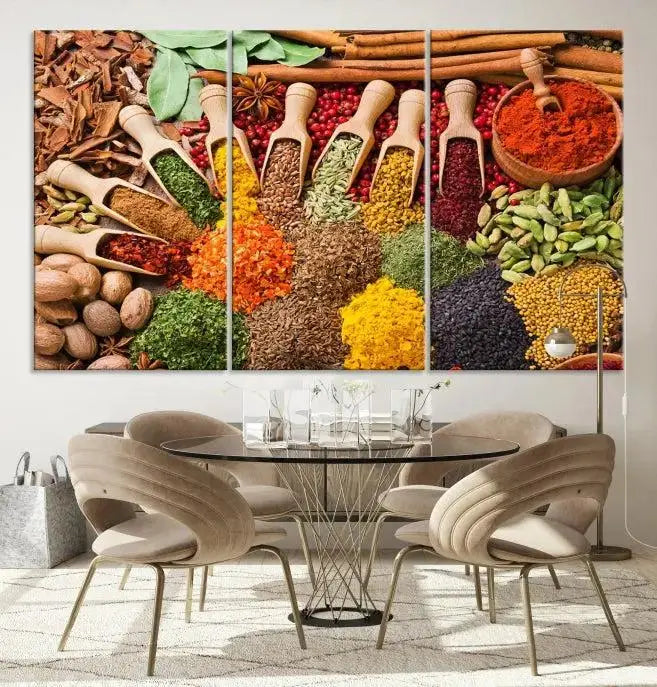 The living room is highlighted by the "Herbs and Spices Art Canvas Print for Kitchen," which brings vibrant kitchen decor flair to the space.