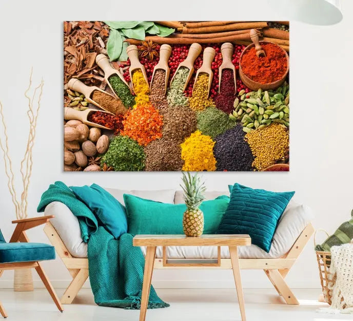 The living room is highlighted by the "Herbs and Spices Art Canvas Print for Kitchen," which brings vibrant kitchen decor flair to the space.