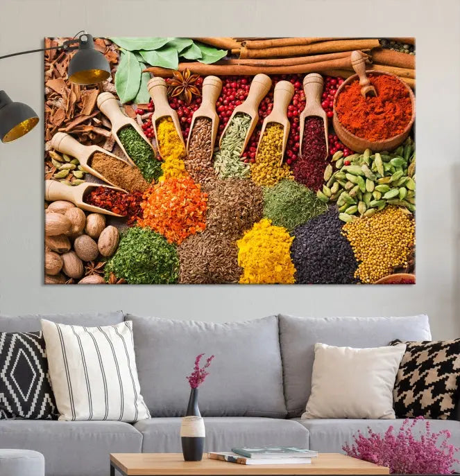 The living room is highlighted by the "Herbs and Spices Art Canvas Print for Kitchen," which brings vibrant kitchen decor flair to the space.