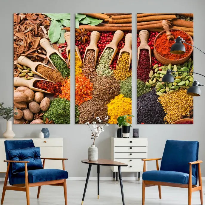 The living room is highlighted by the "Herbs and Spices Art Canvas Print for Kitchen," which brings vibrant kitchen decor flair to the space.