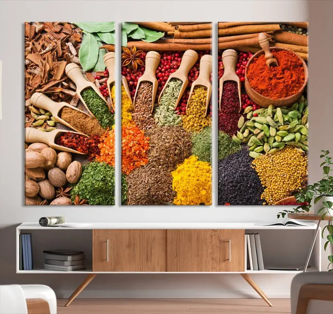 The living room is highlighted by the "Herbs and Spices Art Canvas Print for Kitchen," which brings vibrant kitchen decor flair to the space.