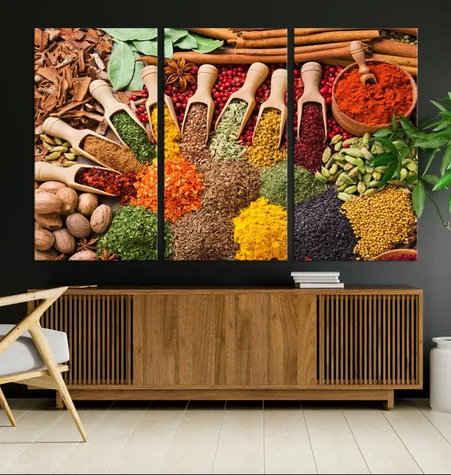 The living room is highlighted by the "Herbs and Spices Art Canvas Print for Kitchen," which brings vibrant kitchen decor flair to the space.