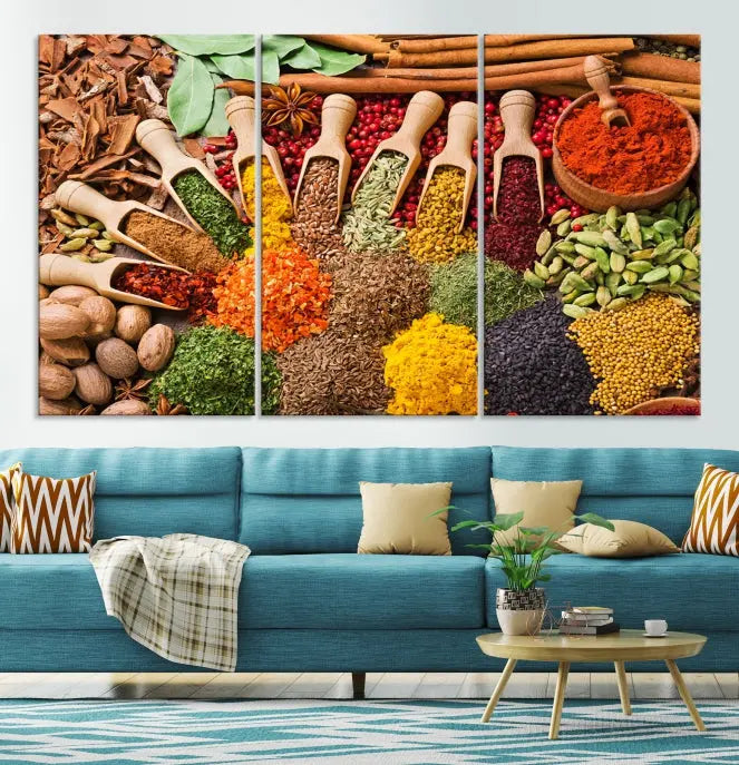 The living room is highlighted by the "Herbs and Spices Art Canvas Print for Kitchen," which brings vibrant kitchen decor flair to the space.