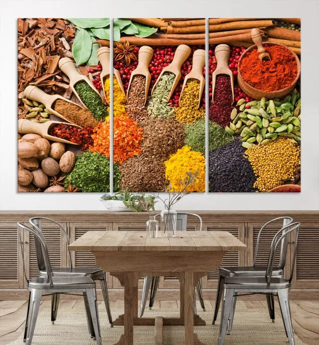 The living room is highlighted by the "Herbs and Spices Art Canvas Print for Kitchen," which brings vibrant kitchen decor flair to the space.