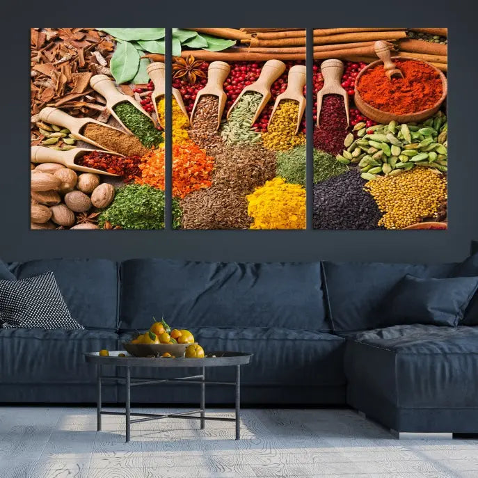 The living room is highlighted by the "Herbs and Spices Art Canvas Print for Kitchen," which brings vibrant kitchen decor flair to the space.