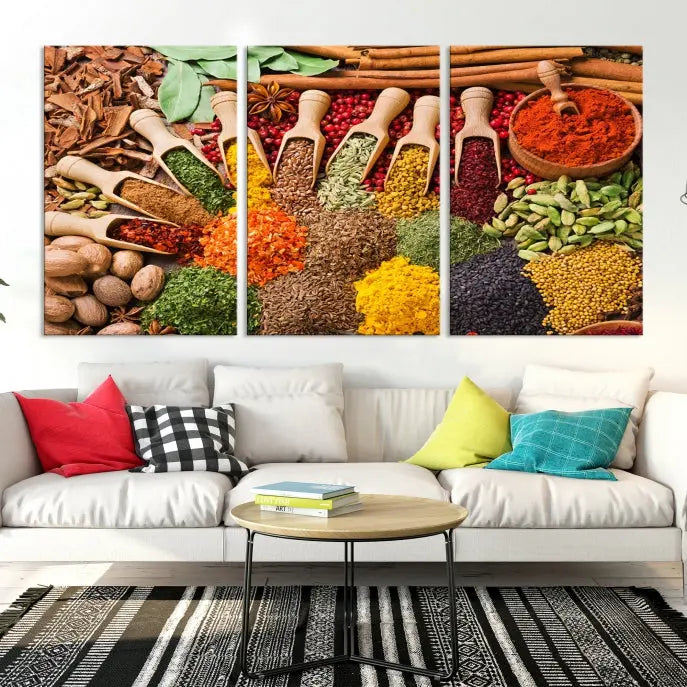 The living room is highlighted by the "Herbs and Spices Art Canvas Print for Kitchen," which brings vibrant kitchen decor flair to the space.