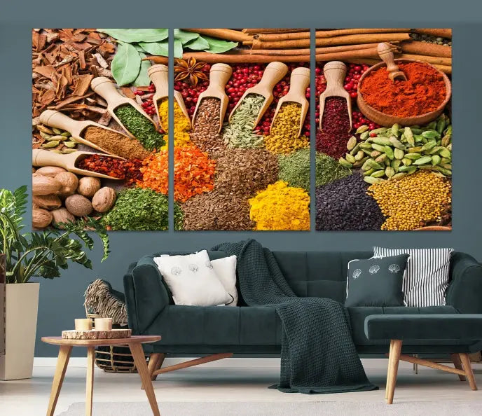 The living room is highlighted by the "Herbs and Spices Art Canvas Print for Kitchen," which brings vibrant kitchen decor flair to the space.