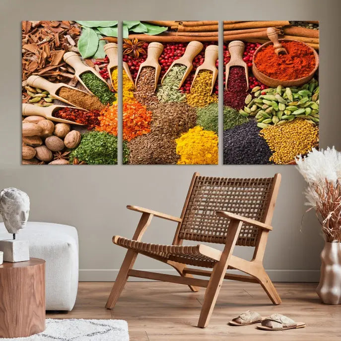 The living room is highlighted by the "Herbs and Spices Art Canvas Print for Kitchen," which brings vibrant kitchen decor flair to the space.