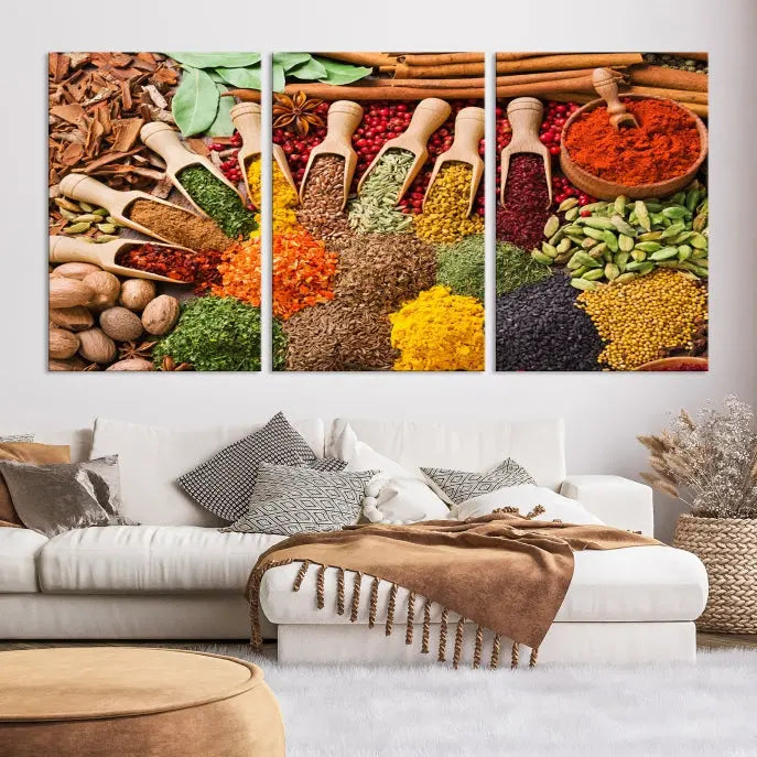 The living room is highlighted by the "Herbs and Spices Art Canvas Print for Kitchen," which brings vibrant kitchen decor flair to the space.