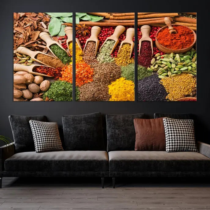 The living room is highlighted by the "Herbs and Spices Art Canvas Print for Kitchen," which brings vibrant kitchen decor flair to the space.