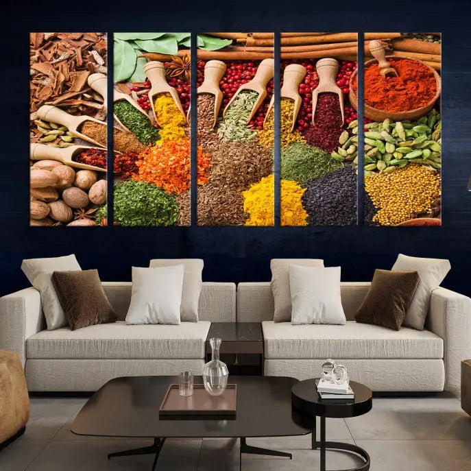 The living room is highlighted by the "Herbs and Spices Art Canvas Print for Kitchen," which brings vibrant kitchen decor flair to the space.