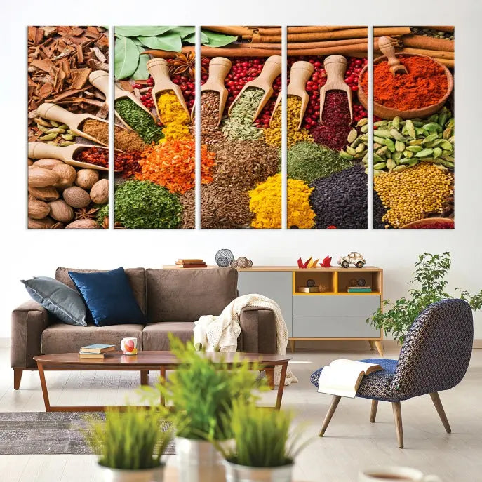 The living room is highlighted by the "Herbs and Spices Art Canvas Print for Kitchen," which brings vibrant kitchen decor flair to the space.