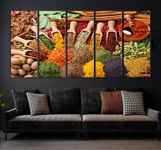 The living room is highlighted by the "Herbs and Spices Art Canvas Print for Kitchen," which brings vibrant kitchen decor flair to the space.