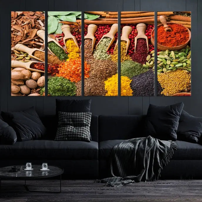 The living room is highlighted by the "Herbs and Spices Art Canvas Print for Kitchen," which brings vibrant kitchen decor flair to the space.