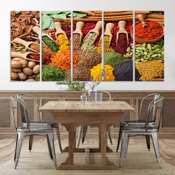 The living room is highlighted by the "Herbs and Spices Art Canvas Print for Kitchen," which brings vibrant kitchen decor flair to the space.