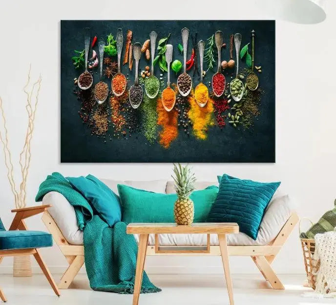 The Herbs and Spices Kitchen Wall Art Canvas Print beautifully adorns a modern living room. Made on museum-quality canvas with a UV-protective coating, this ready-to-hang piece enhances any space with its vivid charm.