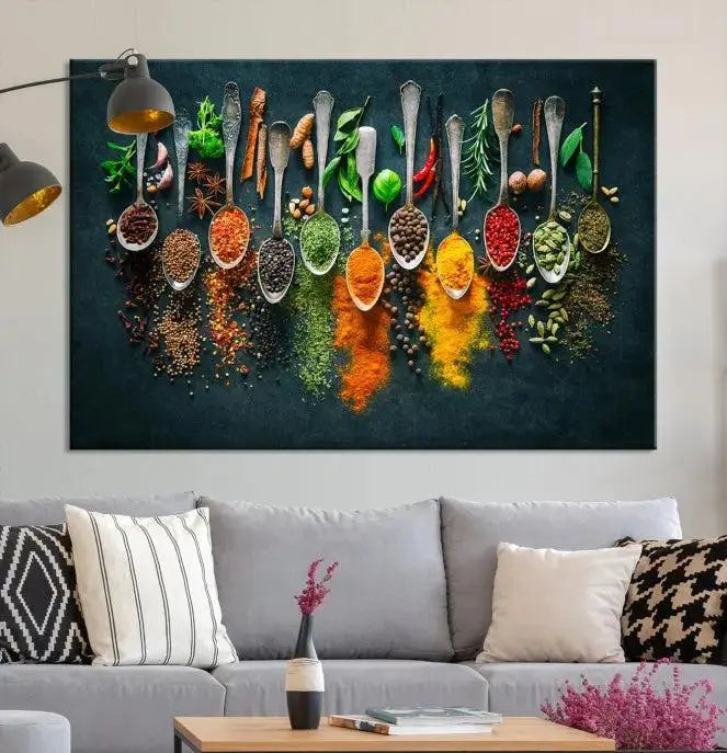 The Herbs and Spices Kitchen Wall Art Canvas Print beautifully adorns a modern living room. Made on museum-quality canvas with a UV-protective coating, this ready-to-hang piece enhances any space with its vivid charm.