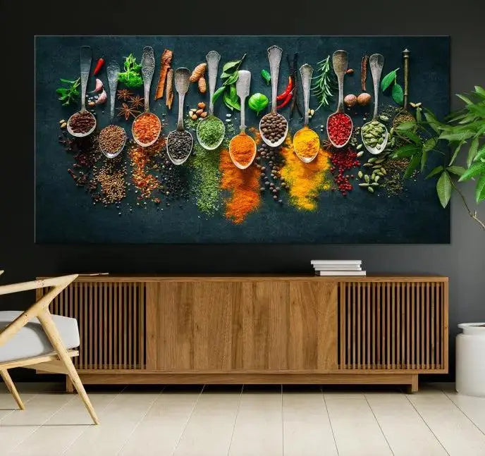 The Herbs and Spices Kitchen Wall Art Canvas Print beautifully adorns a modern living room. Made on museum-quality canvas with a UV-protective coating, this ready-to-hang piece enhances any space with its vivid charm.